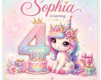 Unicorn 4th Birthday Invitation Editable | Baby Unicorn Cake Girls Canva Template | Magical Party Instant Download Printable