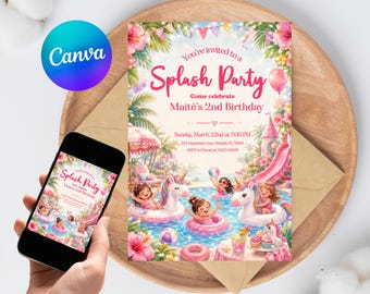 Unicorn Splash Party Invitation Editable Girls Pool Birthday Canva Template 2nd Birthday Instant Download Printable