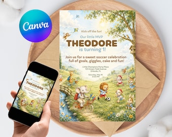 Soccer Animals Birthday Invitation Editable Woodland 1st Birthday Boys Canva Template Instant Download Printable