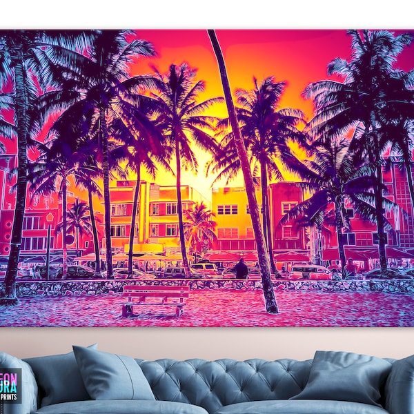 Ocean Drive Neon Style Canvas Print, Miami Beach, Florida, USA on Ocean Drive ,Neon Style Artwork Design, No Neon Lights Used