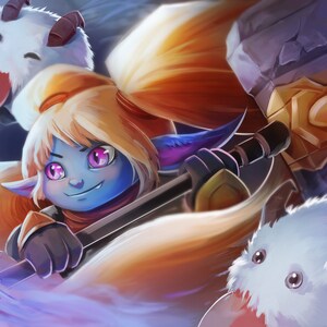 May include: A blue-skinned character with long blonde hair and purple eyes holds a large hammer. The character is surrounded by four fluffy white creatures with horns.