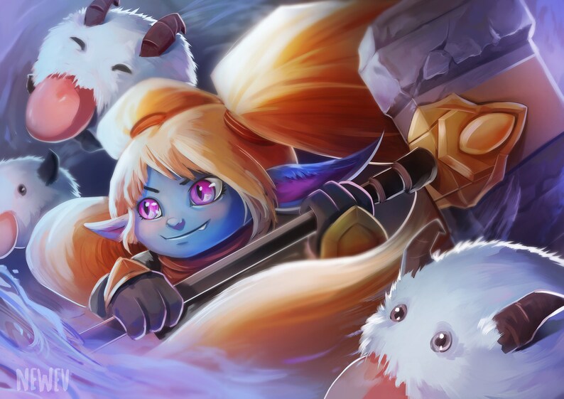 May include: A blue-skinned character with long blonde hair and purple eyes holds a large hammer. The character is surrounded by four fluffy white creatures with horns.