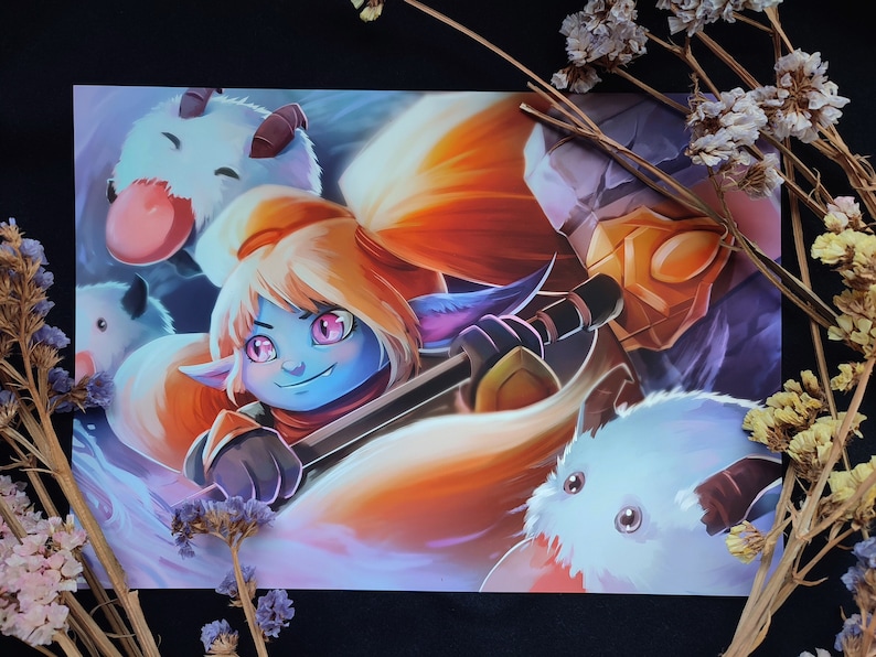 May include: A blue and purple cartoon character with long orange hair and a sword. The character is surrounded by three white fluffy creatures.