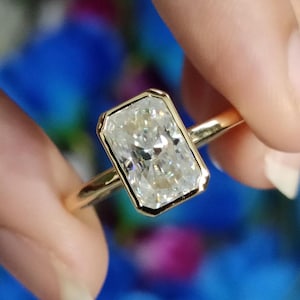 Radiant Cut Moissanite Bezel Set Engagement Ring in 14k Yellow Gold, Radiant Cut Solitaire Moissanite Plain Band Ring, Anniversary Gift Ring