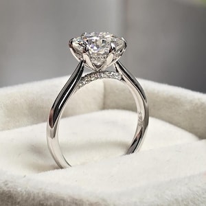 Hidden Halo 2ct Round Cut Cathedral Set Moissanite Engagement Ring, 14k White Gold Hidden Pave Bridge Solitaire Diamond Ring with Plain Band