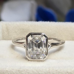 Bezel Set Emerald Cut Moissanite Engagement Ring, 14k White Gold Emerald Cut Solitaire Diamond Ring, Open Gallery Style Ring, Proposal Gifts