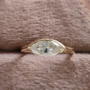Unique East West Marquise Moissanite Engagement Ring/ Solitaire Bezel Set Ring/ Simple Wedding Bridal Promise Ring for Her/ Anniversary Ring