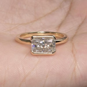 East West Engagement Ring, Unique Radiant Cut Moissanite Engagement Ring, 14k Yellow Gold Solitaire Diamond Ring, Bezel Set Rings for Women