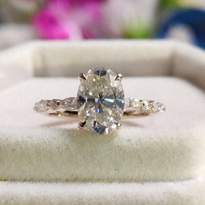 Unique Yellow Gold Oval Moissanite Engagement Ring with Side Stone Marquise, Vintage Half Eternity Diamond Wedding Anniversary Ring Women