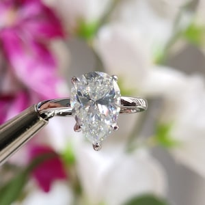 3 Carat Pear Moissanite Ring, Pear Shaped Engagement Ring, Pear Cut Solitaire Ring, Tear Drop Wedding Ring, 14k Yellow Gold Anniversary Ring