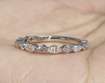 14k Gold Diamond Wedding Band Marquise Engagement Moissanite Band Half Eternity Band Marquise-Round Diamond Wedding Band For Bridal Set Gift