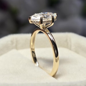 Marquise Cut Hidden Halo Moissanite Engagement Ring, 6 Prong Marquise Solitaire Wedding Ring For Sale, 14k Yellow Gold Plain Gold Band Ring