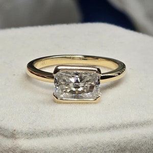 Radiant Moissanite Engagement Ring, Plain Band Half Bezel Set Engagement Ring, Simple East West Solitaire RIng, Open Gallery Ring for Women
