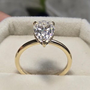3 carat Pear Cut Moissanite Engagement Ring with Hidden Halo Diamond, Pear Solitaire Diamond Anniversary Ring, Teardrop Wedding Promise Ring