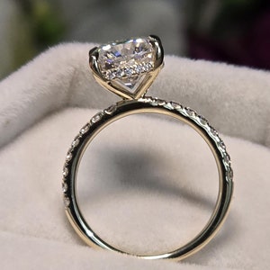 3 Ct Cushion Cut Moissanite Engagement Ring, Cushion Cut Hidden Halo Diamond Ring, 14k Yellow Gold Pave Basket Setting Ring, Proposal Ring