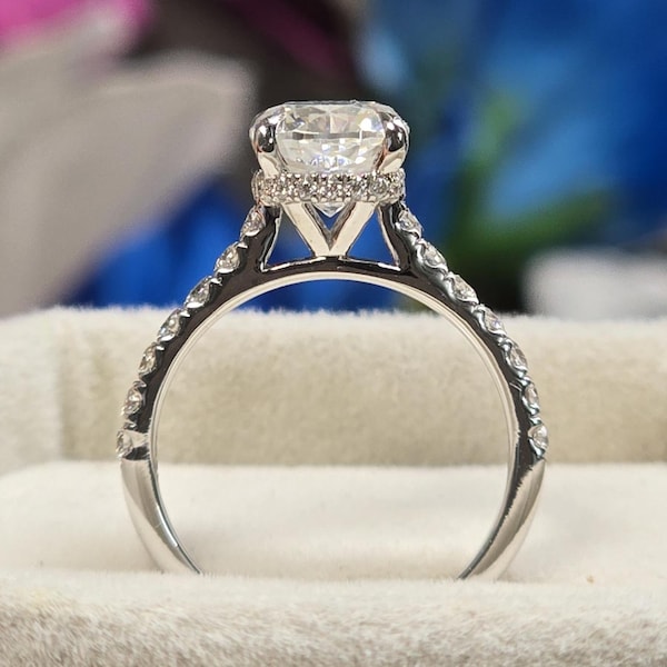 Vintage Cathedral Setting 2.00ct Cushion Cut Engagement Ring, Solid 14k Gold Hidden Halo Cushion Cut Ring, Pave Half Eternity Wedding Ring