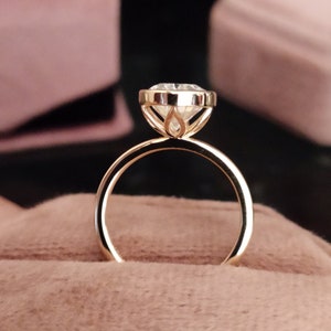 Tulip Setting Oval Moissanite Ring, Bezel Set Engagement Ring, Flower Style Solitaire Wedding Stacking Ring, Solid Gold Anniversary Ring