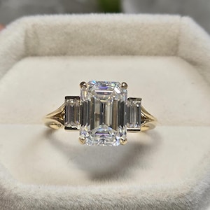 Large Three Stone Moissanite Engagement Ring, 14k Gold Cathedral Set Ring, 3 Stone Emerald Cut Engagement Ring with Side Stone Baguette
