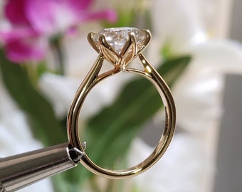 Vintage Tulip Setting Moissanite Engagement Ring,3 ct Round Moissanite Solitaire Ring,14k Solid Gold Cathedral Set Ring, Antique Flower Ring