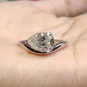 East West 14k White Gold Pear Shaped Moissanite Engagement Ring, 2 carat Pear Cut Wedding Diamond Ring, Horizontal Tear Drop Rings for Women
