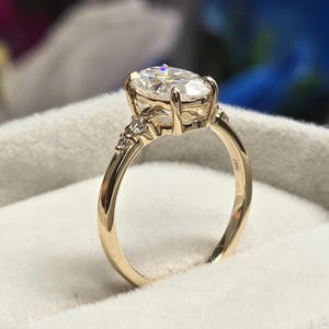 14k Yellow Gold Oval Cut Moissanite Engagement Ring with Side Stone Round Moissanite, Five Stone Anniversary Ring, Bridal Promise Ring Gift