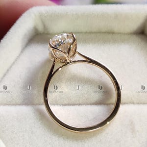 Vintage Tulip Setting Hidden Halo Oval Moissanite Engagement Ring with Cathedral Set in 14k Yellow Gold Plain Band, Solitaire Diamond Ring