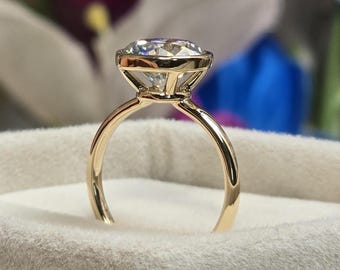 14k Yellow Gold Bezel Set Round Brilliant Cut Moissanite Ring, 3 CT Solitaire Round Bezel Set Engagement Ring, Anniversary Gifts For Her