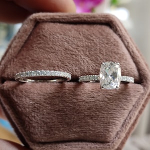 Elongated Cushion Cut Moissanite Engagement Ring Set, Vintage Wedding Bridal Set Ring, Eternity Matching Anniversary Band, Gifts for Women