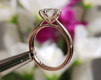 Tulip Setting 14k Yellow Gold Moissanite Engagement Ring Petal 6 Prong Solitaire Diamond Ring Round Engagement Cathedral Set Rings for Women