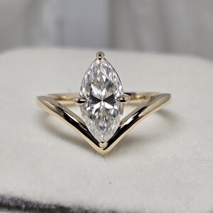 V Shape Marquise Cut Moissanite Engagement Ring, Plain Band Wedding Ring for Women, Solid 10k Yellow Gold Marquise Solitaire Diamond Ring