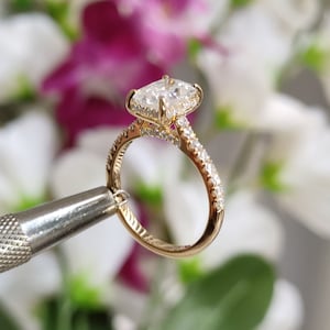 Radiant Cut Hidden Halo Engagement Ring with Pave Set Unique Hidden Pave Bridge Diamond Wedding Ring 2ct Moissanite Ring in 14k 10k 18k Gold