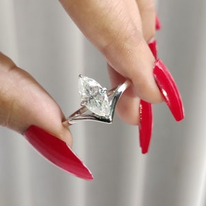 6x12mm Marquise Cut Moissanite Engagement Ring, V Shape Prong Set Wedding Ring Band, 10k White Gold Vertical Solitaire Diamond Ring for Her