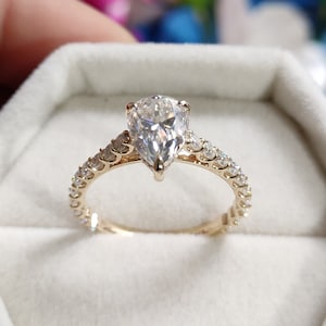 2 carat Pear Shaped Moissanite Engagement Ring with Hidden Halo in 14k Yellow Gold, 3/4 Eternity Diamond Cathedral Setting Rings for Women
