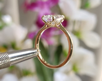 Vintage Tulip Setting Emerald Cut Engagement Ring, Cathedral Set Emerald Cut Moissanite Engagement Ring, Antique Petal Flower Ring 14k Gold