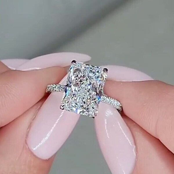 Stunning Large 4 carat Radiant Cut Moissanite Engagement Ring in 10k/14k/18k Gold with Hidden Halo Diamond, Radiant Cut Pave Engagement Ring