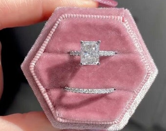 Radiant Cut Moissanite Wedding Set Ring, 2.50ct Radiant Cut Engagement Ring Set with Pave Setting, Diamond Eternity Matching Bridal Ring Set