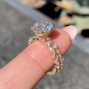 Vintage Moissanite Wedding Bridal Ring Set, 2ct Round Cut Engagement Ring Set, Antique Side Marquise Pave Eternity Band, Hidden Halo Ring