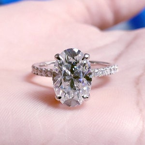 4 carat Oval Cut Moissanite Engagement Ring with Hidden Halo and 3/4 Eternity Pave Engagement Ring Band, Big Diamond Ring in White Gold