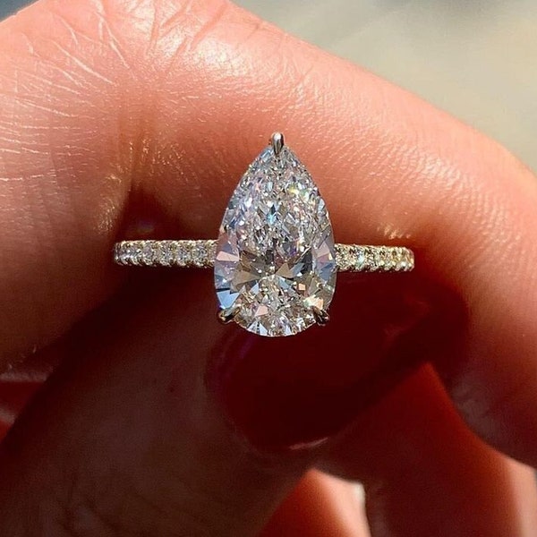 2ct Pear Shaped Hidden Halo Moissanite Engagement Ring, 10k/14k Solid Gold Tear Drop Wedding Ring, Pave Setting Vintage Anniversary Ring