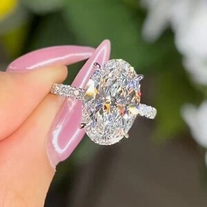 4 carat Oval Cut Moissanite Engagement Ring with Hidden Halo and 3/4 Eternity Pave Engagement Ring Band, Big Diamond Ring in White Gold