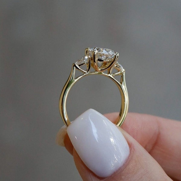 Vintage Three Stone Engagement Ring, 2 carat Oval Cut Moissanite Engagement Ring, Side Pear Shaped Yellow Gold Ring, Trellis Diamond Ring