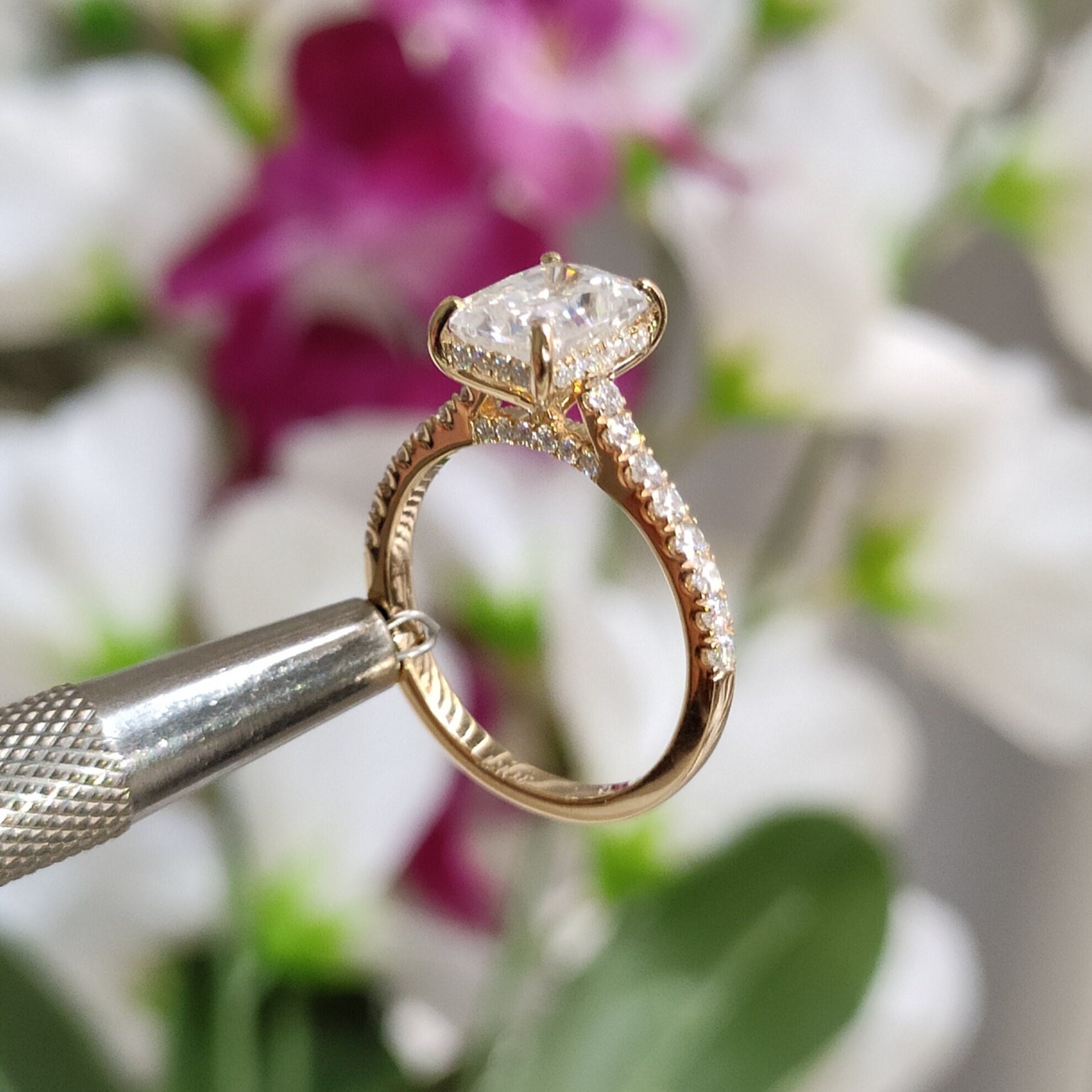 Radiant Cut Hidden Halo Engagement Ring With Pave Set Unique Hidden Pave Bridge Diamond Wedding Ring 2ct Moissanite Ring in 14k 10k 18k Gold Etsy