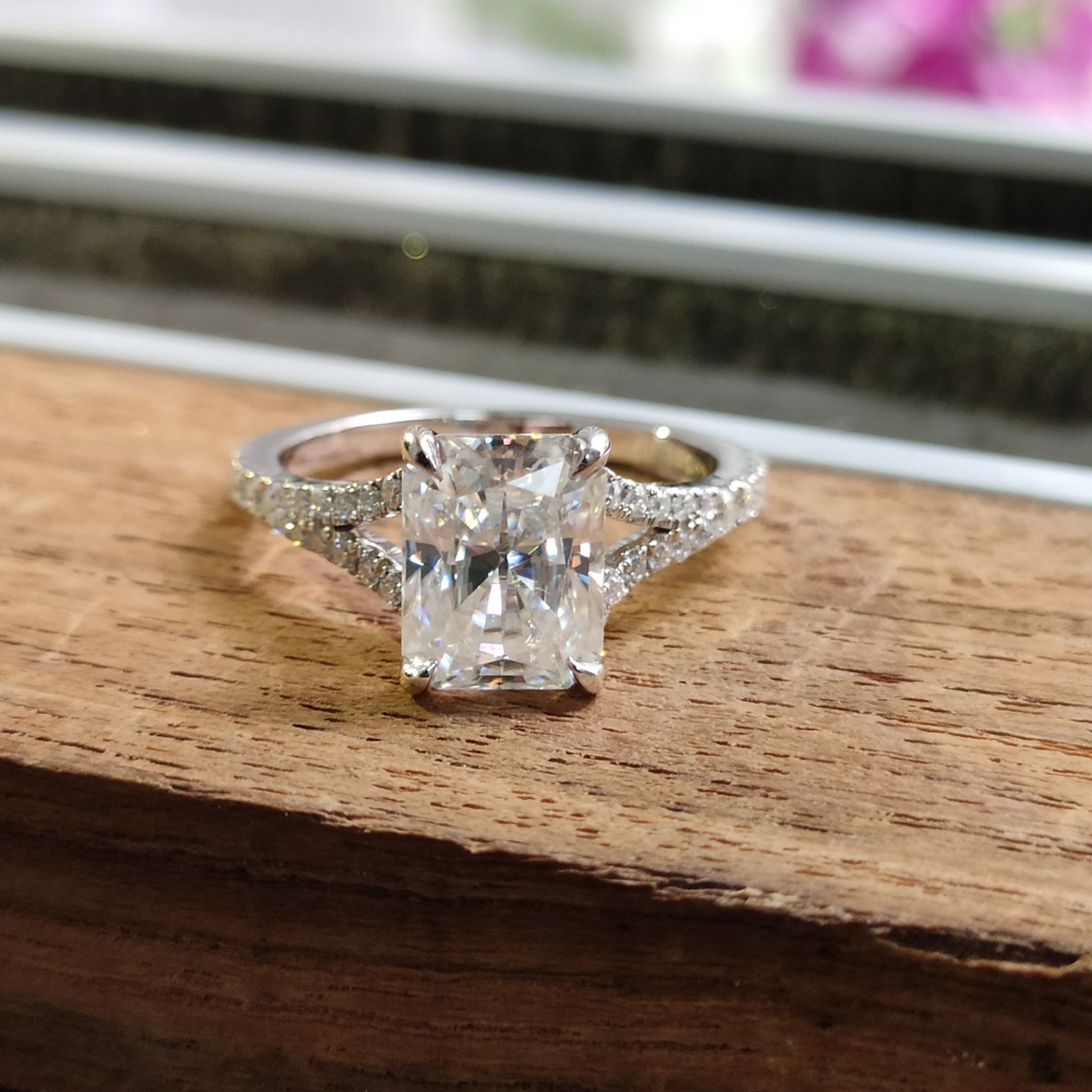 Radiant Cut Engagement Ring 14k White Gold Pave Split Shank Band Antique Cathedral Set Moissanite Ring Unique Wedding Anniversary Ring Gift