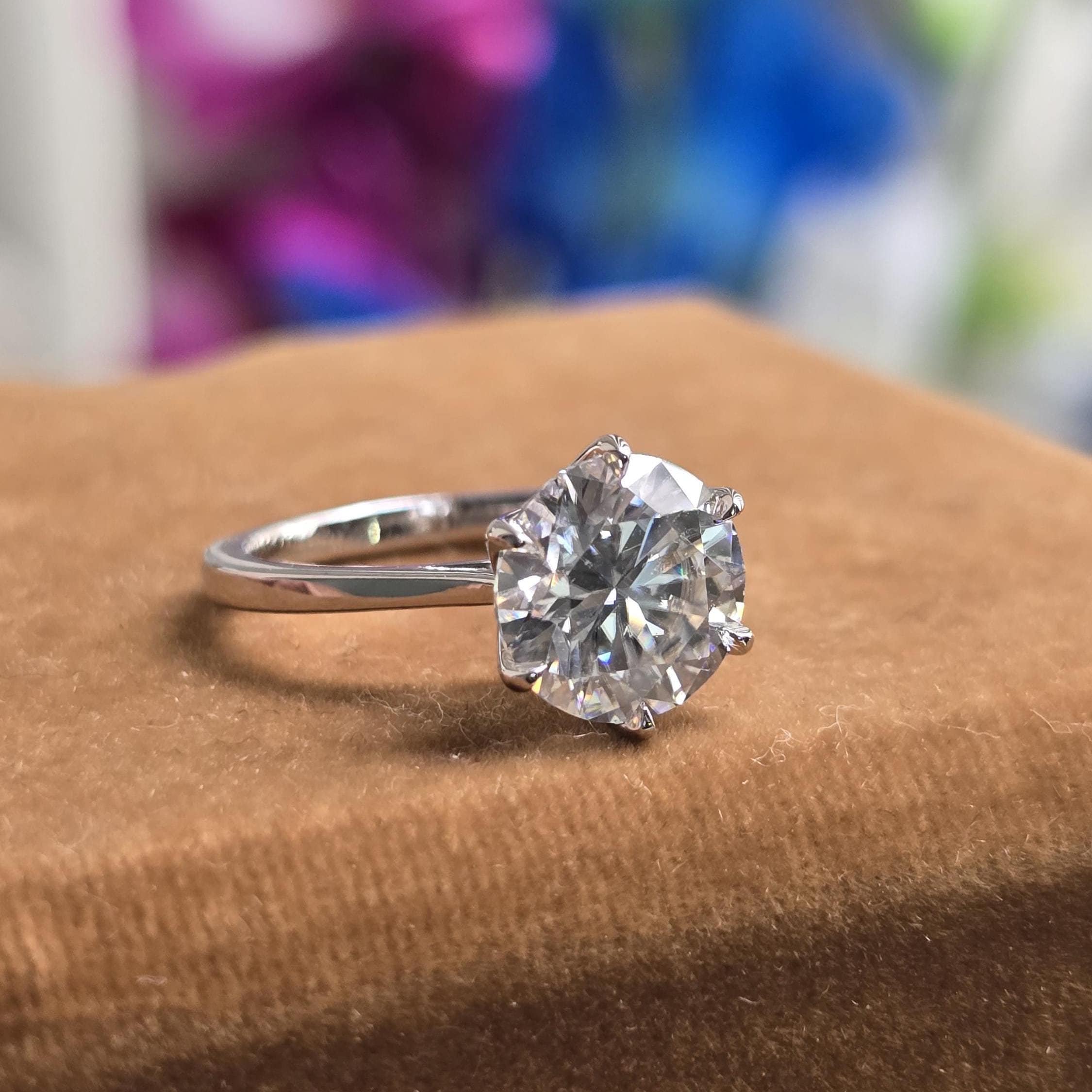 Unique Engagement Tulip Setting Ring, Cathedral Set Round Moissanite Ring, Flower Engagement Ring, 14k White Gold 6 Prong Set Wedding Ring