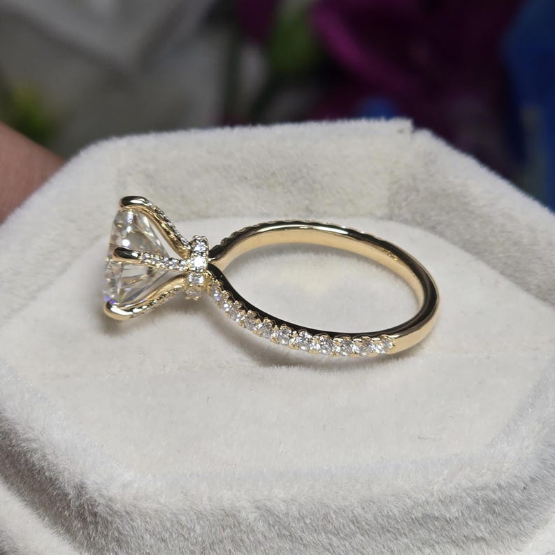 High Setting Rings Round Antique Hidden Halo Pave Engagement Ring, Big 4 CT Round Cut Colorless ...