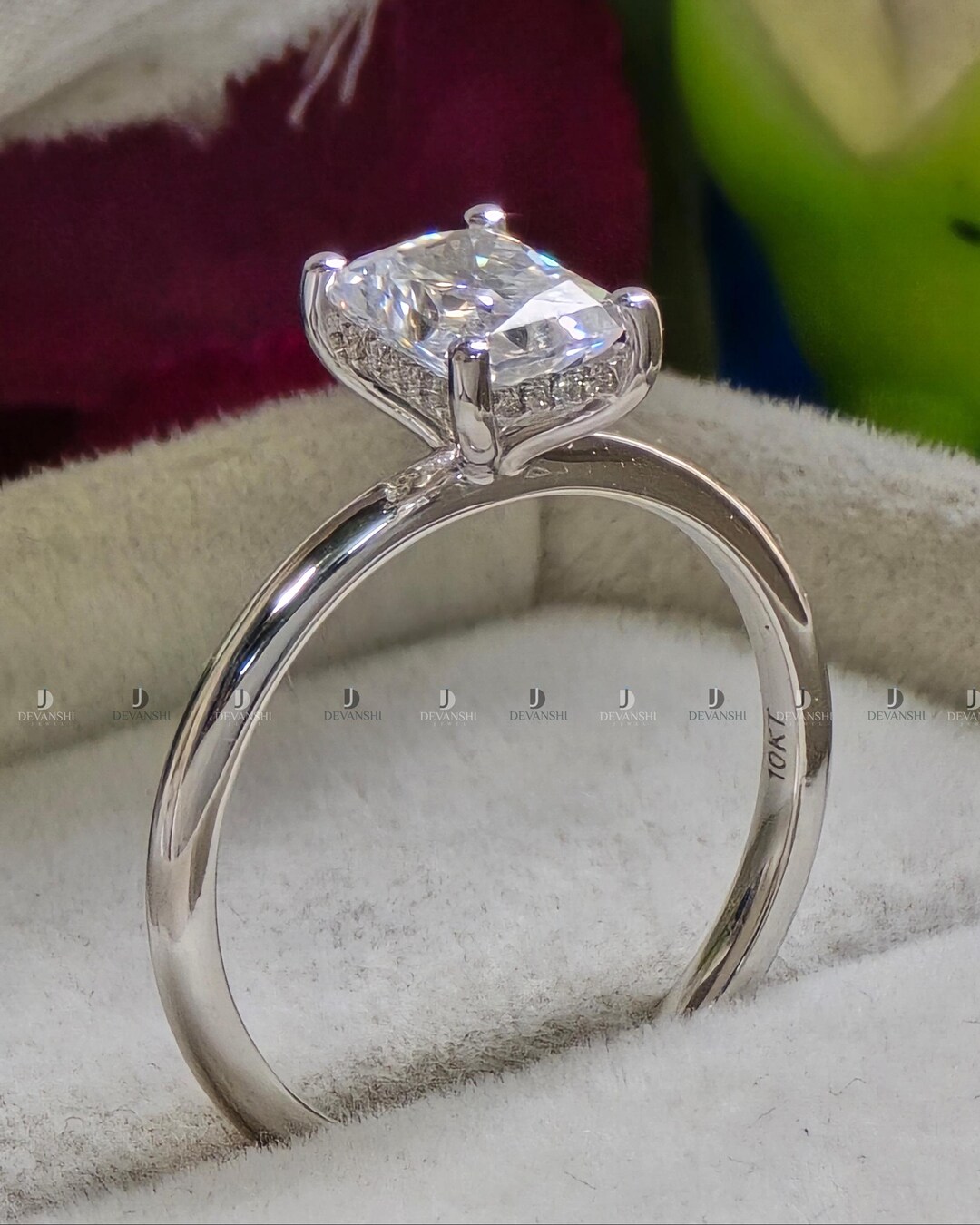 Rectangular Promise Radiant Cut Hidden Halo Moissanite Engagement Ring, 14k White Gold ...