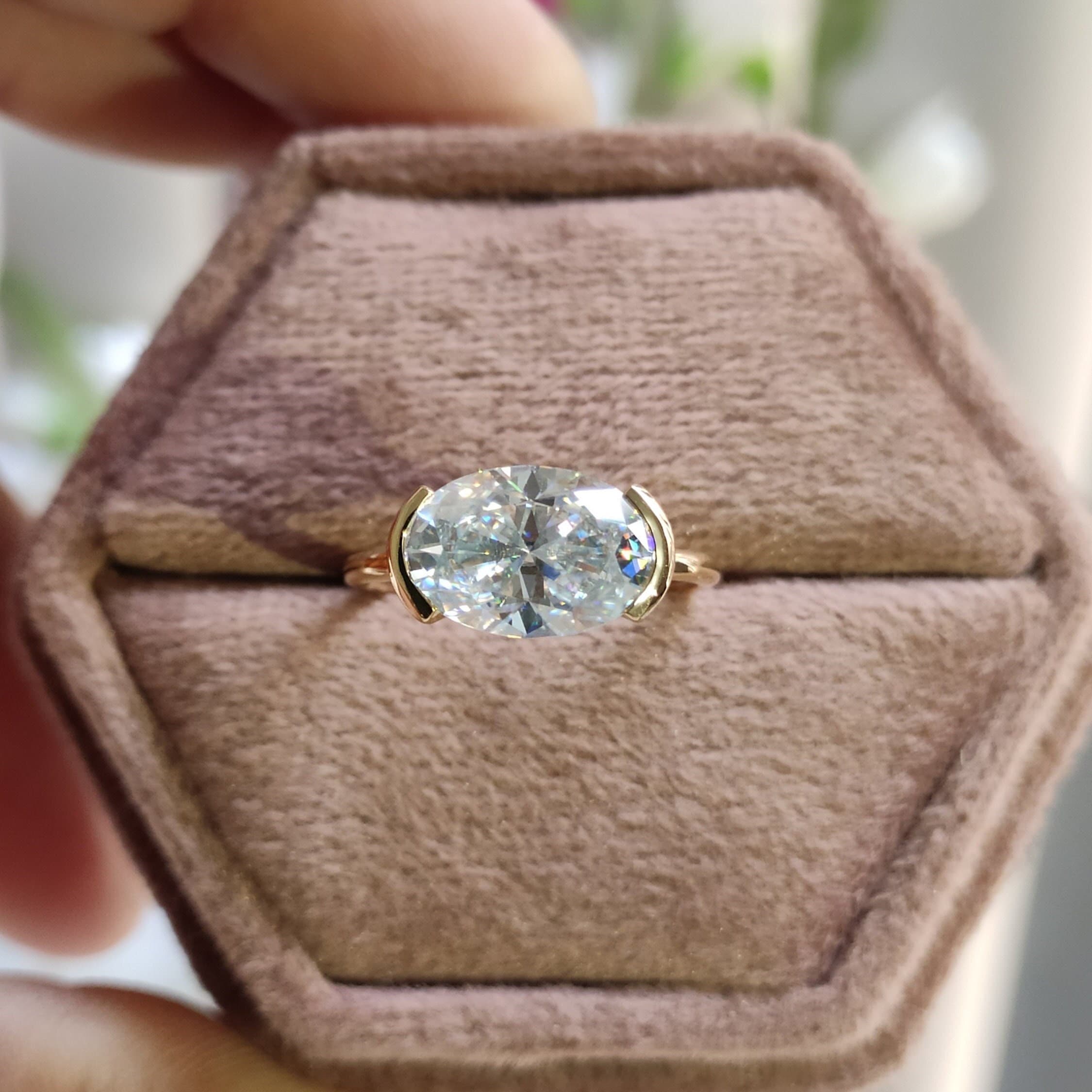 East West Large Stone Oval Cut Moissanite Engagement Ring, Half Bezel Set Engagement Ring, 14k Solid Gold Oval Solitaire Big Diamond Ring