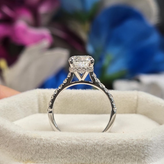 Vintage Cathedral Setting 2.00ct Cushion Cut Engagement Ring, Solid 14k Gold Hidden Halo Cushion Cut Ring, Pave Half Eternity Wedding Ring