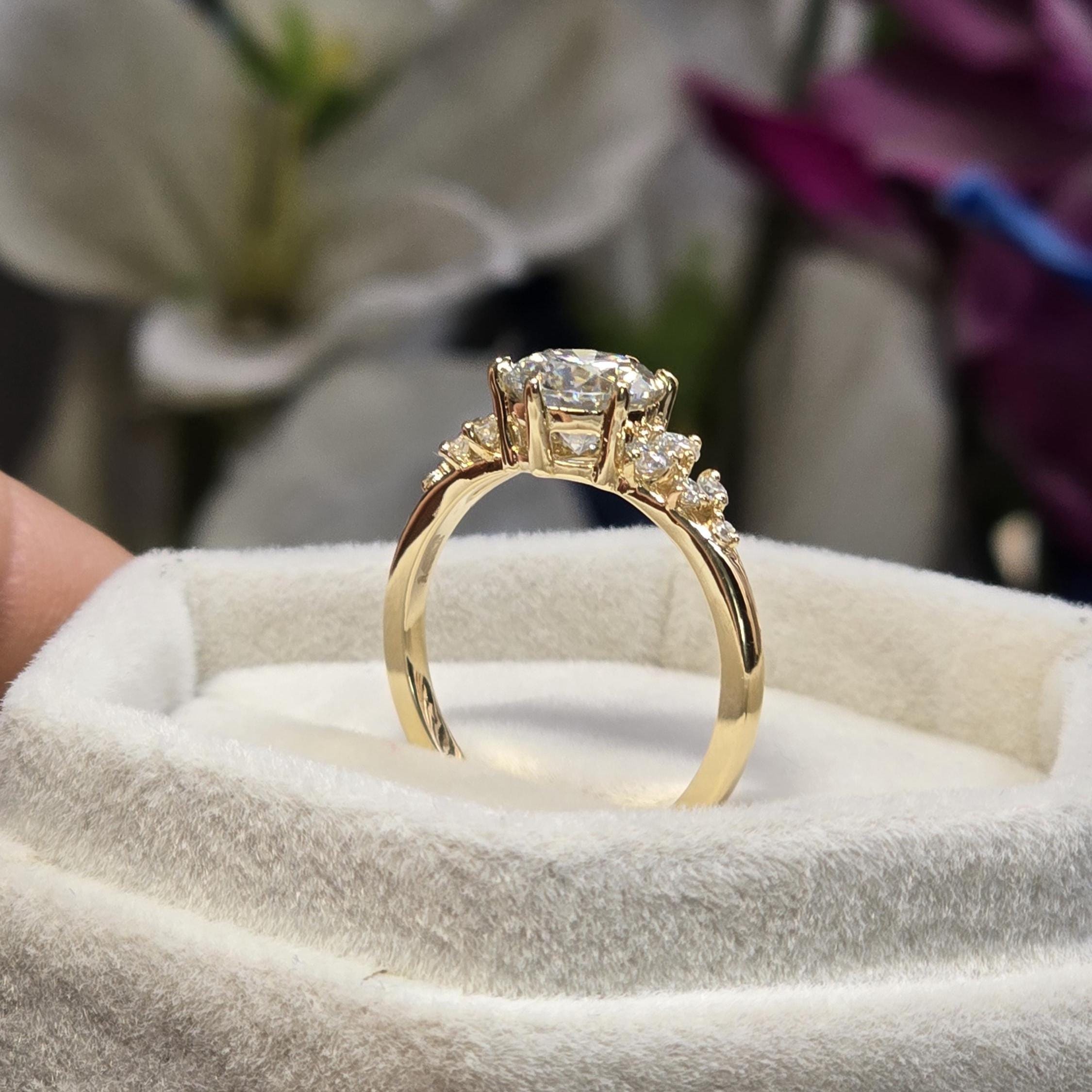 14k Yellow Gold Unique Snowdrift Engagement Ring, Round Cut Moissanite Ring, Vintage Cluster Wedding Ring For Her, 6 Prong Anniversary Ring