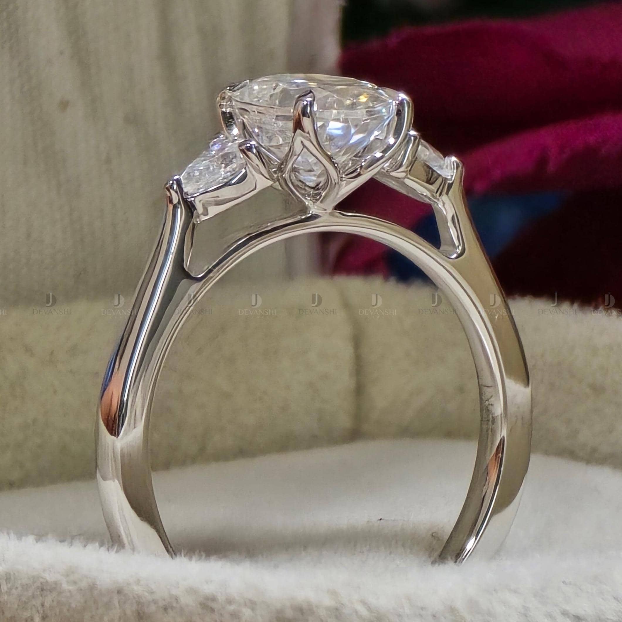 Tulip Setting Three Stone Engagement Ring, Oval Cut Moissanite